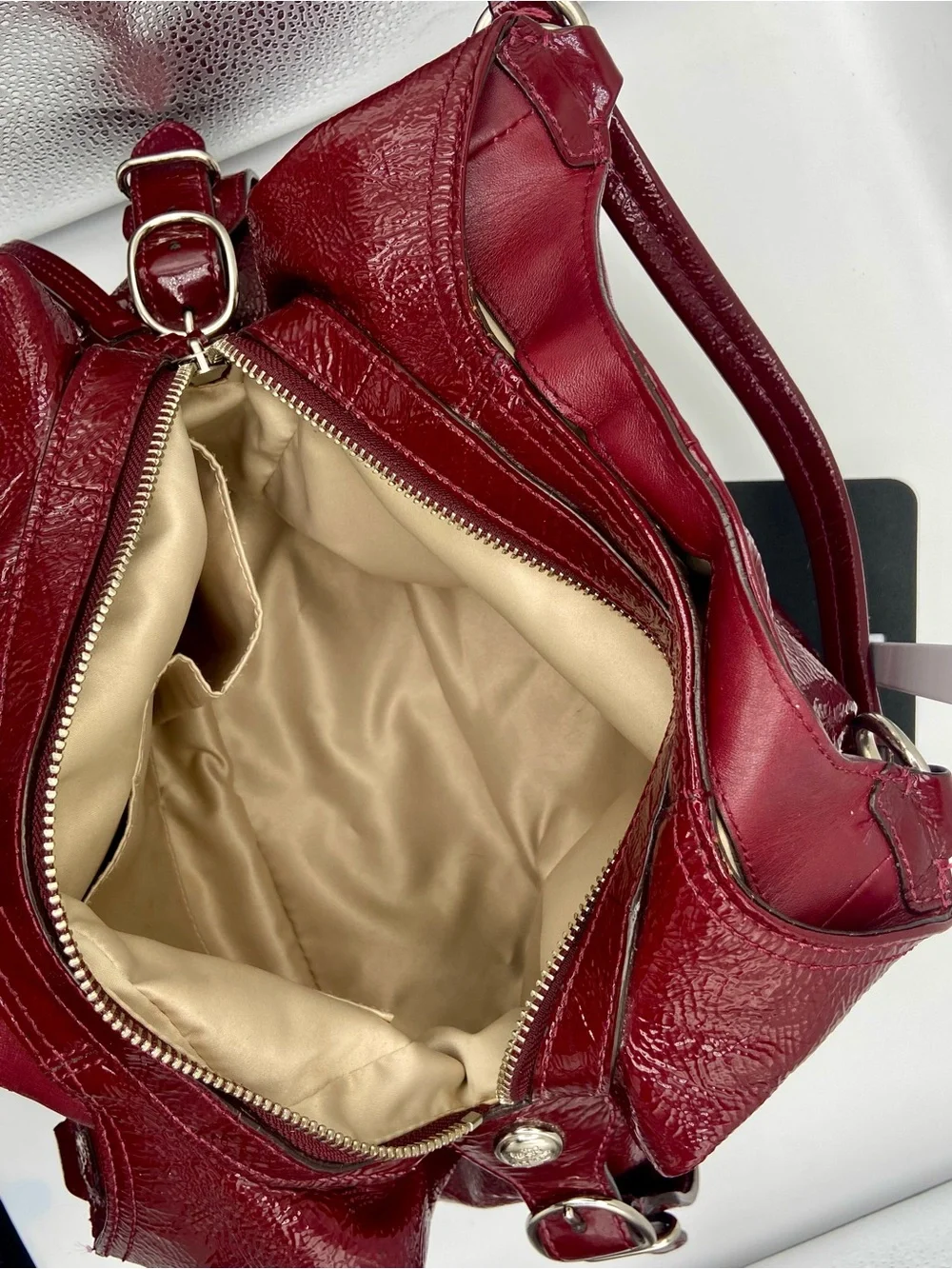 Coach Mia 15734 Burgundy Red Patent Leather Shoulder Bag Hobo Silver Hardware